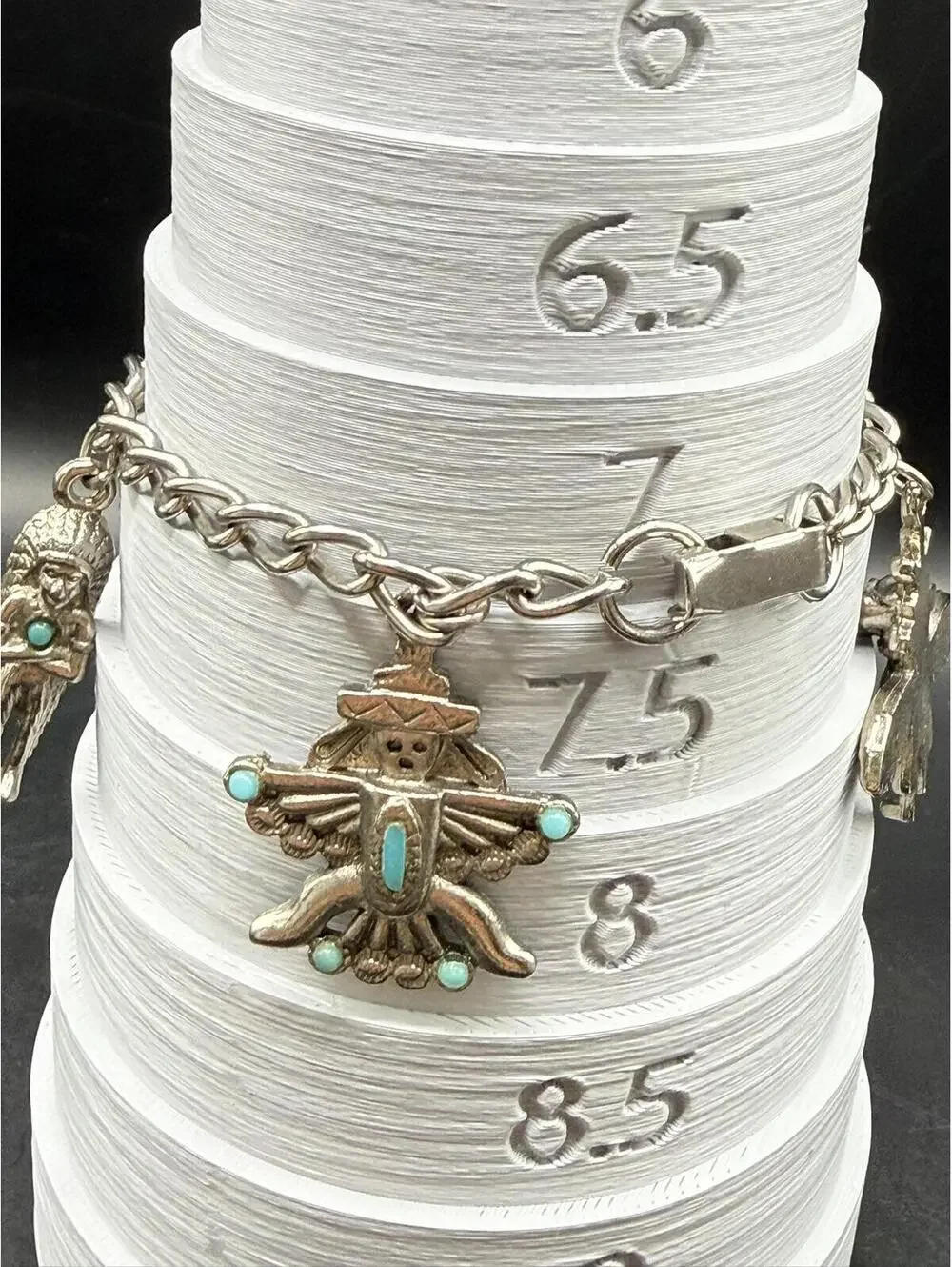Vintage Tibetan Silver Toned Charm Bracelet - 5 Turquoise Inlay Figural Charms